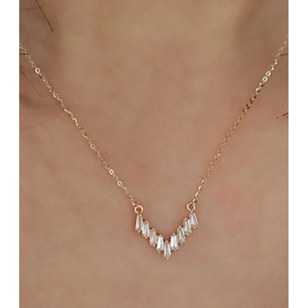 925 Sterling Silver Dainty CZ Baguette V Shape Pendant Necklace 14k Gold Plated
